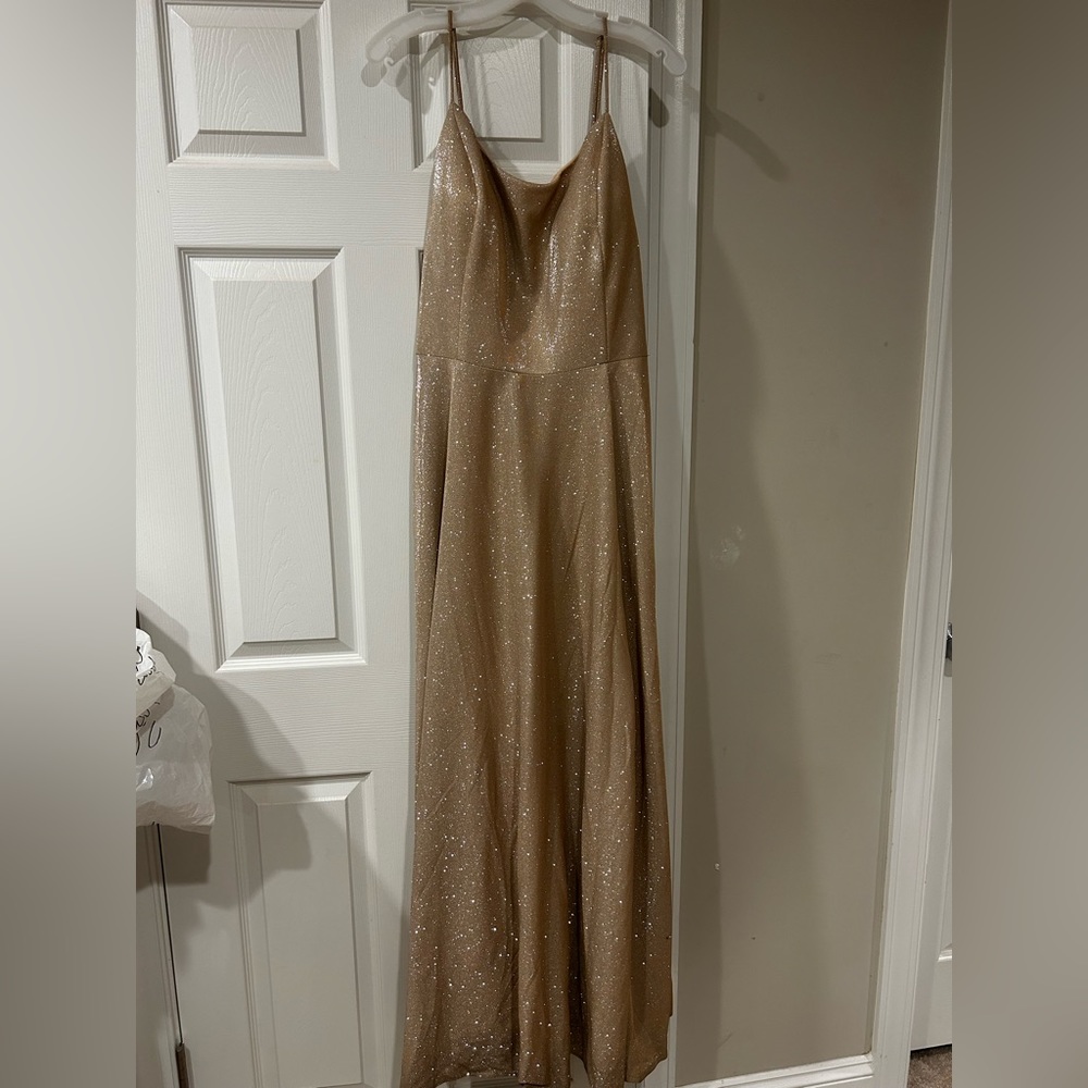 David’s Bridal Gold Prom Dress with leg slit.
